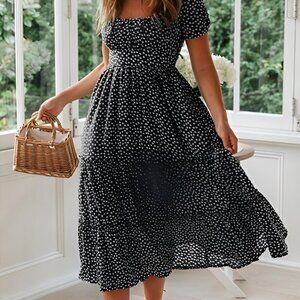 Women's Spring Summer Casual Cute Boho Floral Print Long Midi Dress- Black
